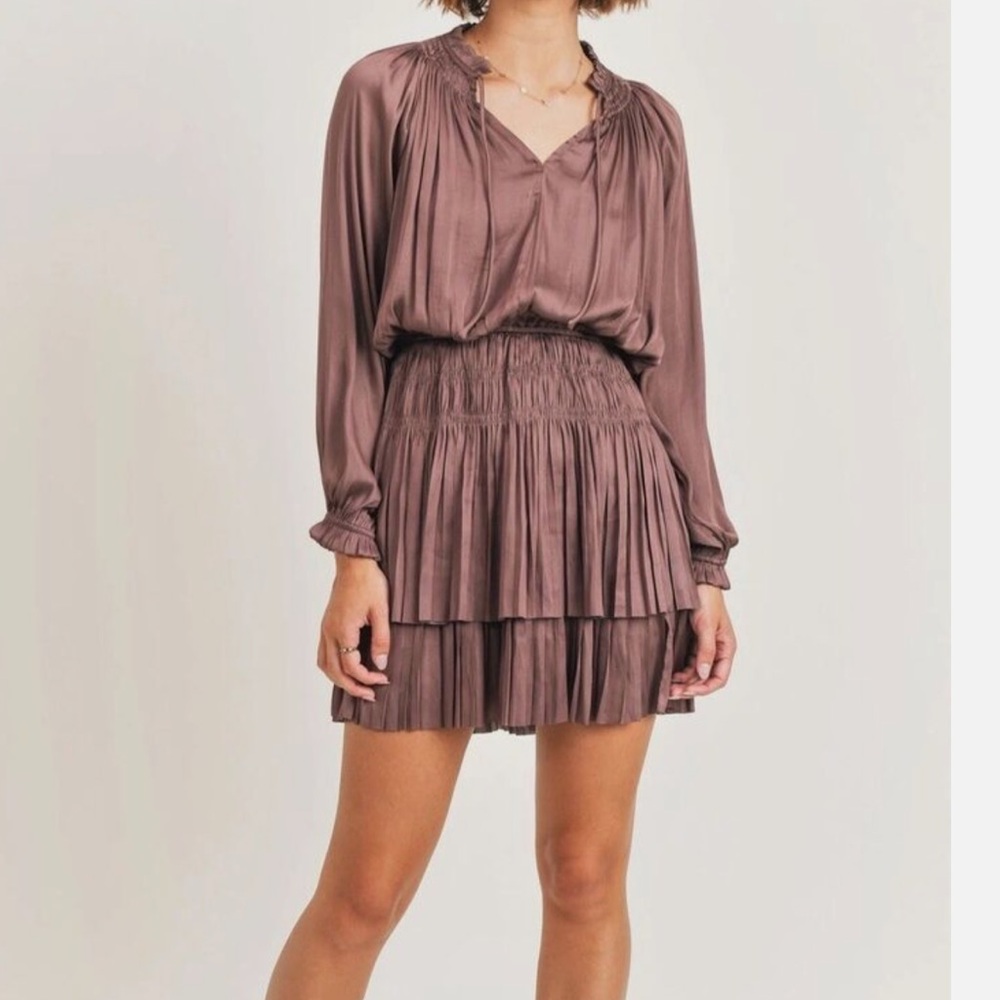 Pookie & Sebastian Elegant Brown Pleated Dress